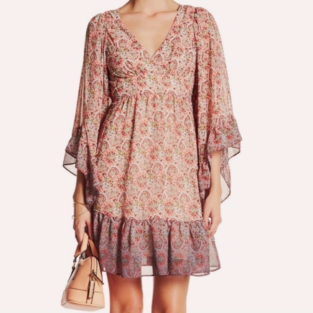 Betsey Johnson Pink & Red Paisley Dress, Long Bell Sleeves, Ruffled Hem, Sz 6